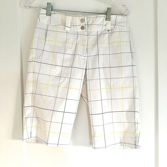 Nike Golf Bermuda Short Tech Dri-Fit White Blue Yellow Plaid Women Size 2 - Picture 1 of 6